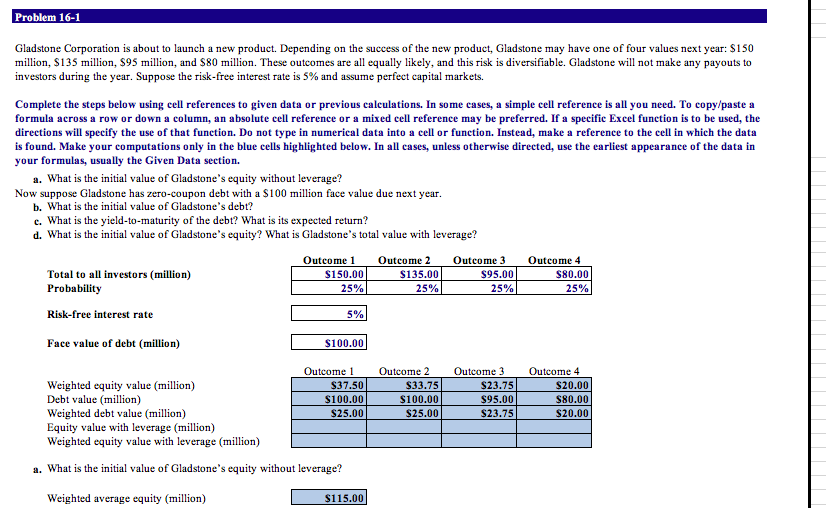 please solve this in excel thank you! Problem 16-1 Gladstone Corporation is