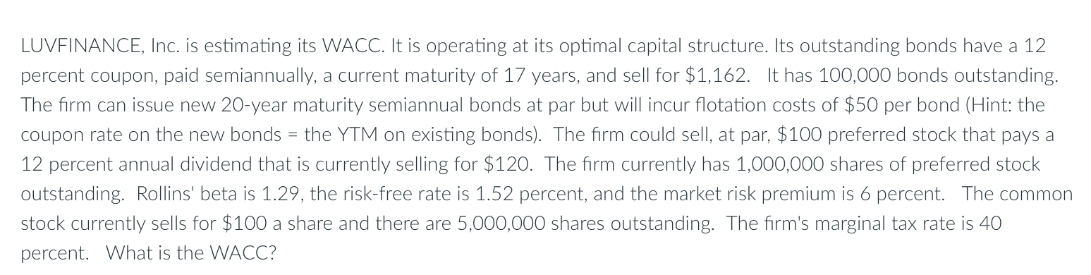  LUVFINANCE, Inc. is estimating its WACC. It is operating at its