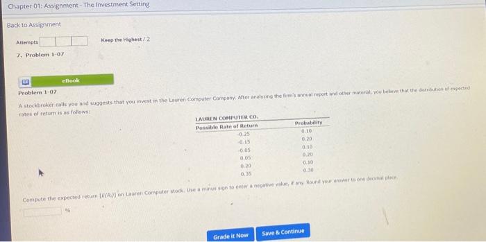 please help thanks! Chapter 01: Assignment - The Investment Setting Back to