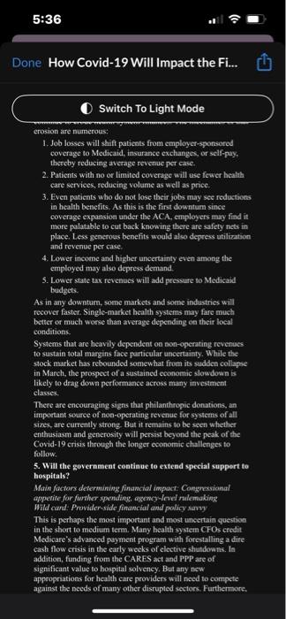 cases directly affect hospital finance? Main factors defermuning finunclal impact: Covid-19 caseload
