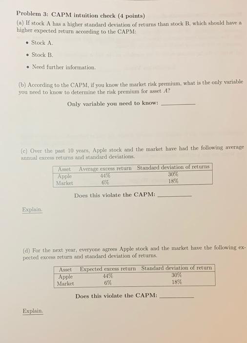  Problem 3: CAPM intuition check (4 points) a) If stock A