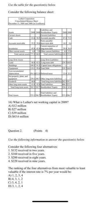  Use the table for the question(s) below Consider the following balance