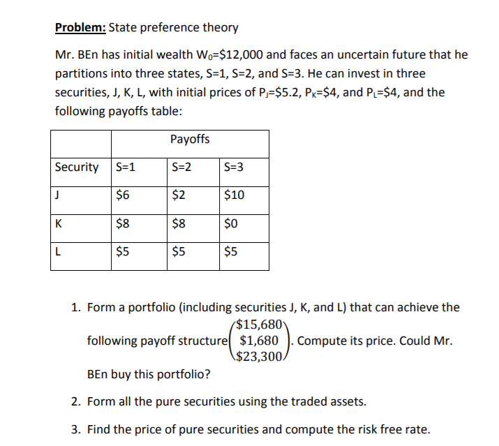 Problem: State preference theory Mr. Ben has initial wealth Wo=$12,000 and