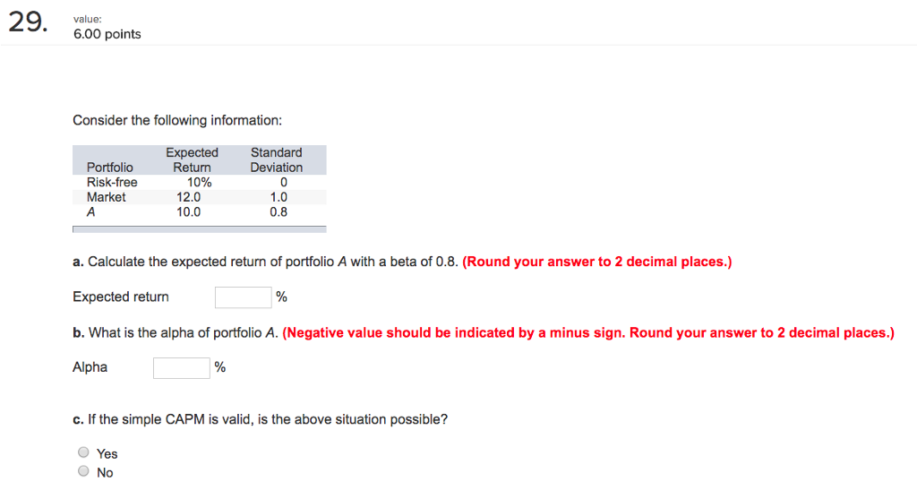  value: 6.00 points Consider the following information: Standard Deviation Portfolio Risk-free