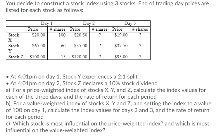 You decide to construct a stock index using 3 stocks. End