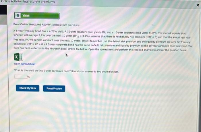  Excel Online Structured Activity: Interest rate premiums A 5-year Treasury bond