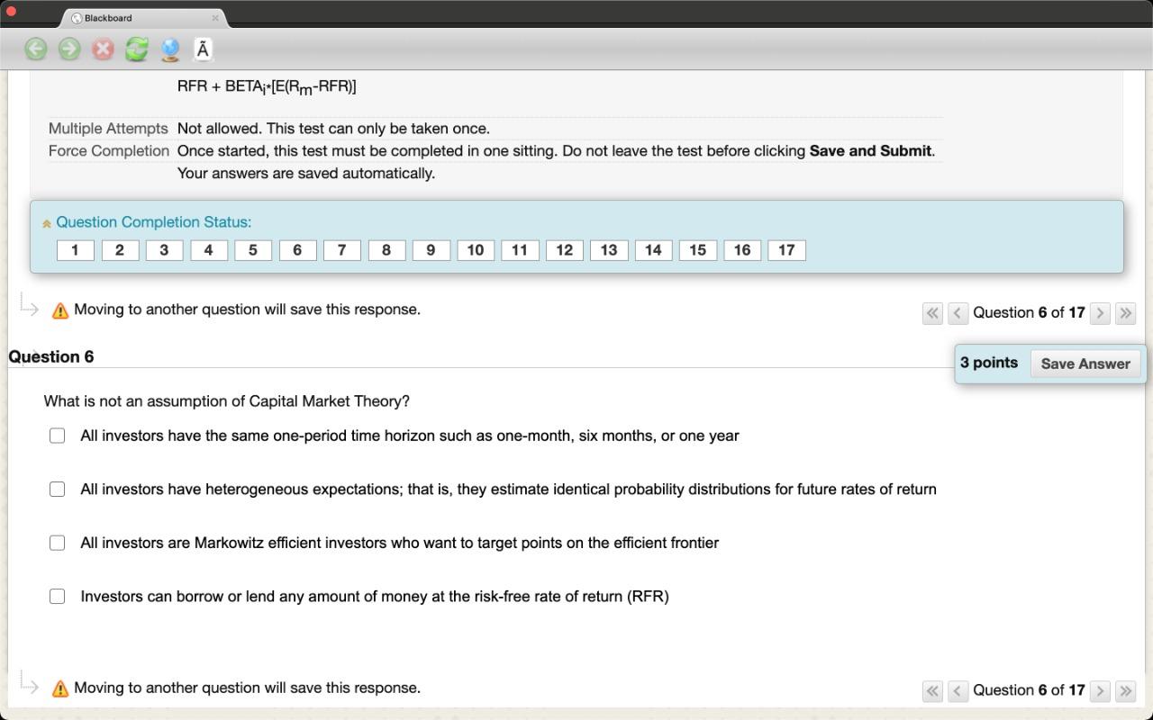  Blackboard RFR + BETA;-[E(Rm-RFR)] Multiple Attempts Not allowed. This test can
