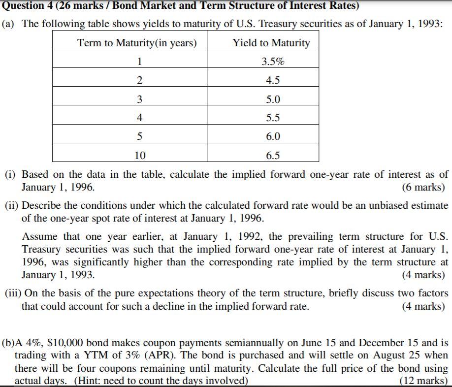  Question 4 (26 marks / Bond Market and Term Structure of