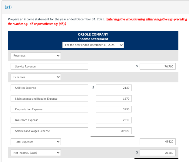 statements of Oriole Company for 2025. Prepare an income statement for the