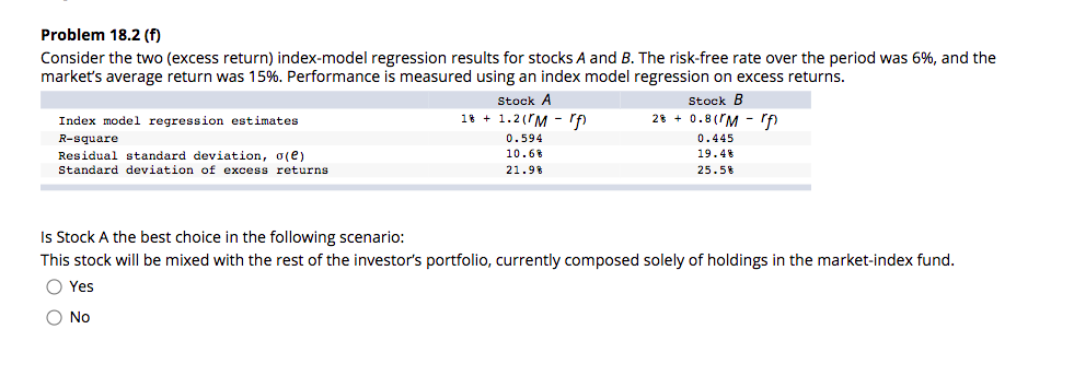  Problem 18.2 (f) Consider the two (excess return) index-model regression results