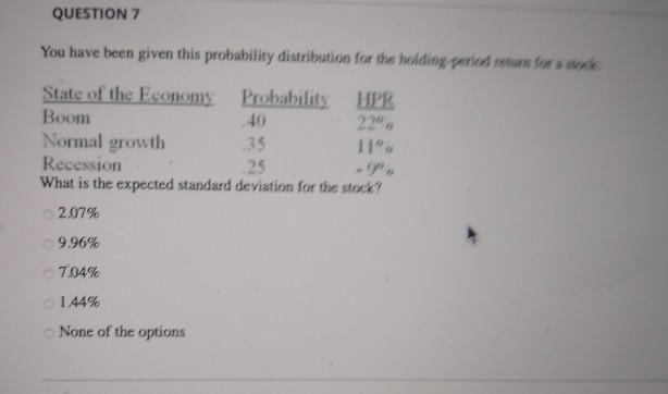  QUESTION 7 You have been given this probability distribution for the