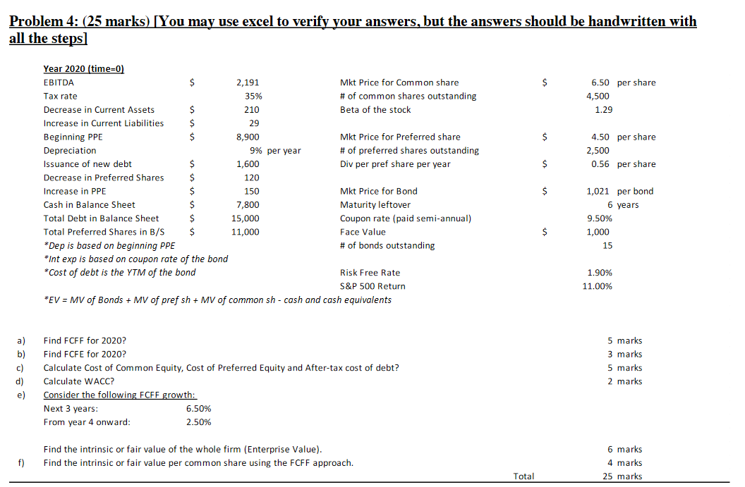 Problem 4: (25 marks) [You may use excel to verify your