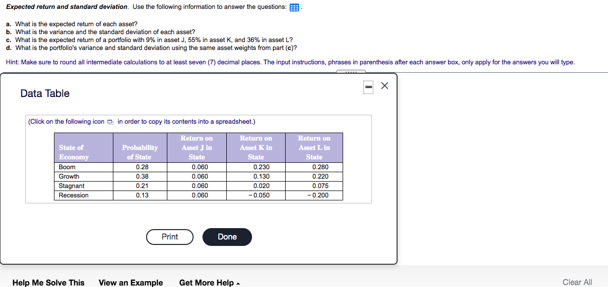  Expected return and standard deviation. Use the following information to answer