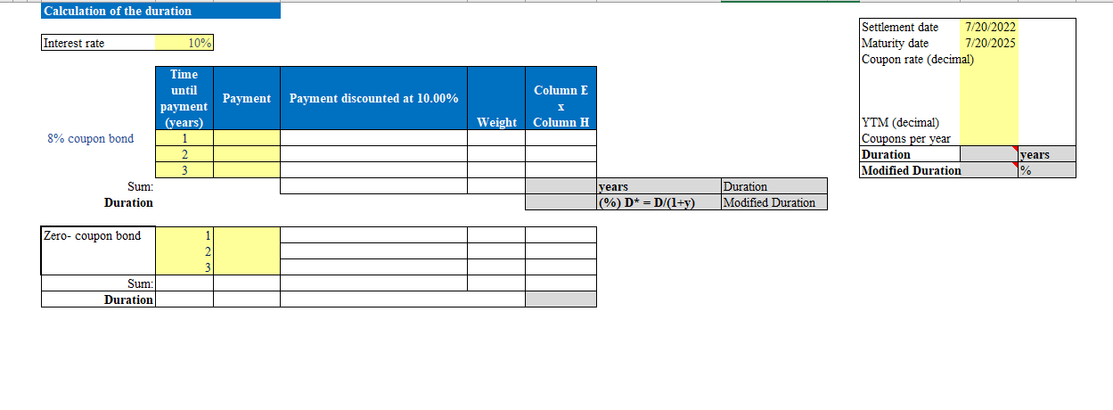Need formulas for a blanks 8% coupon bond Sum Duration 8% coupon