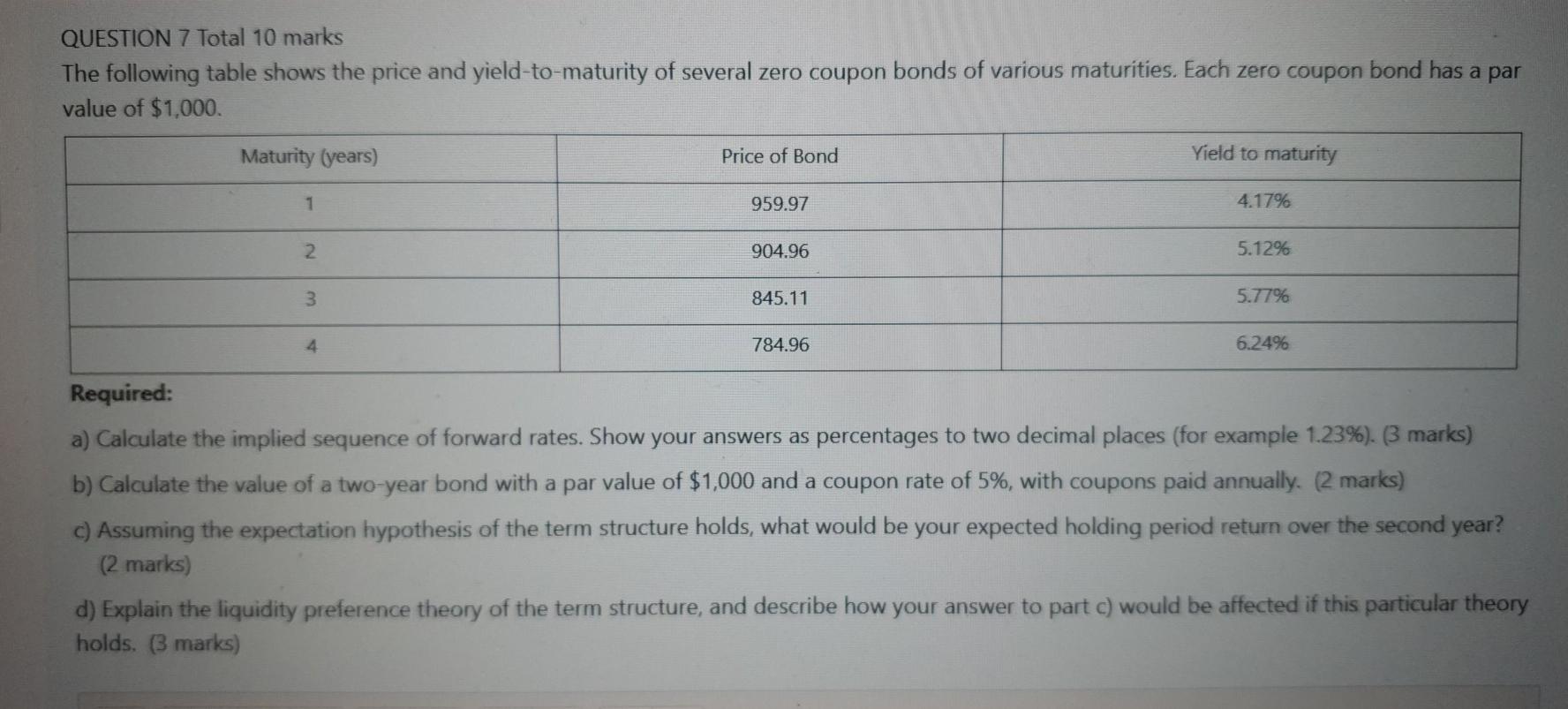  QUESTION 7 Total 10 marks The following table shows the price