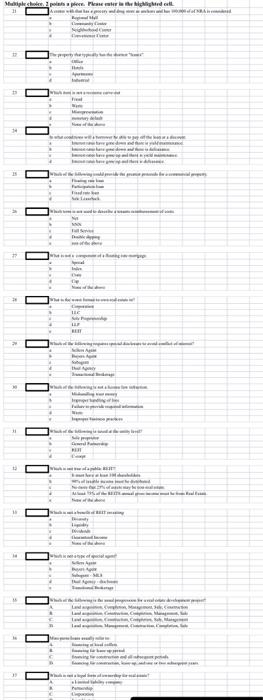  Multiple choice. I points a plece. Please enter in the highlighted