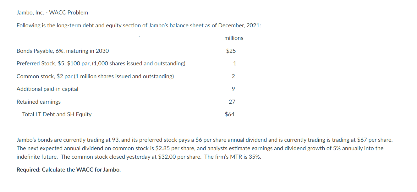 Jambo, Inc. - WACC Problem Following is the long-term debt and