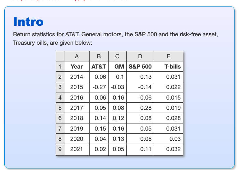 Intro Return statistics for AT&T, General motors, the S&P 500 and