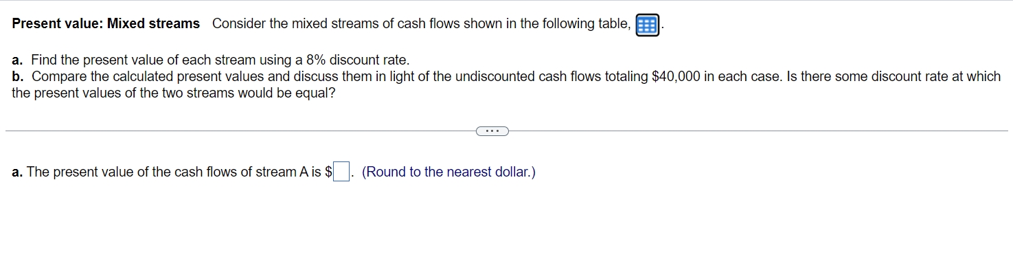 QUESTION : A and B Present value: Mixed streams Consider the mixed