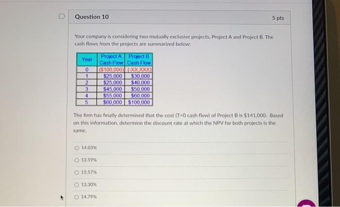 Question 10 5 pts Your company is considering two mutually exclusive