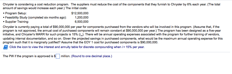  Chrysler is considering a cost reduction program. The suppliers must reduce