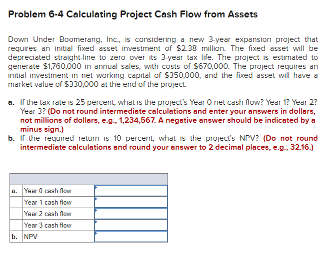  Problem 6-4 Calculating Project Cash Flow from Assets Down Under Boomerang,