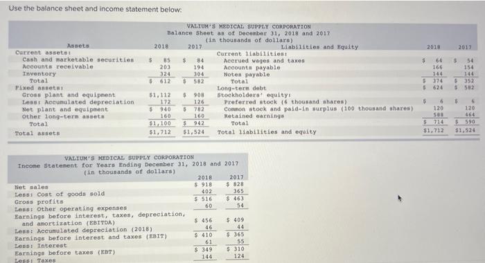  Use the balance sheet and income statement below: Prepare a statement