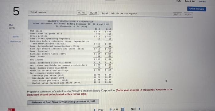 of cosh flows for Valium's Medical Supply Corporation. (Enter your answers in