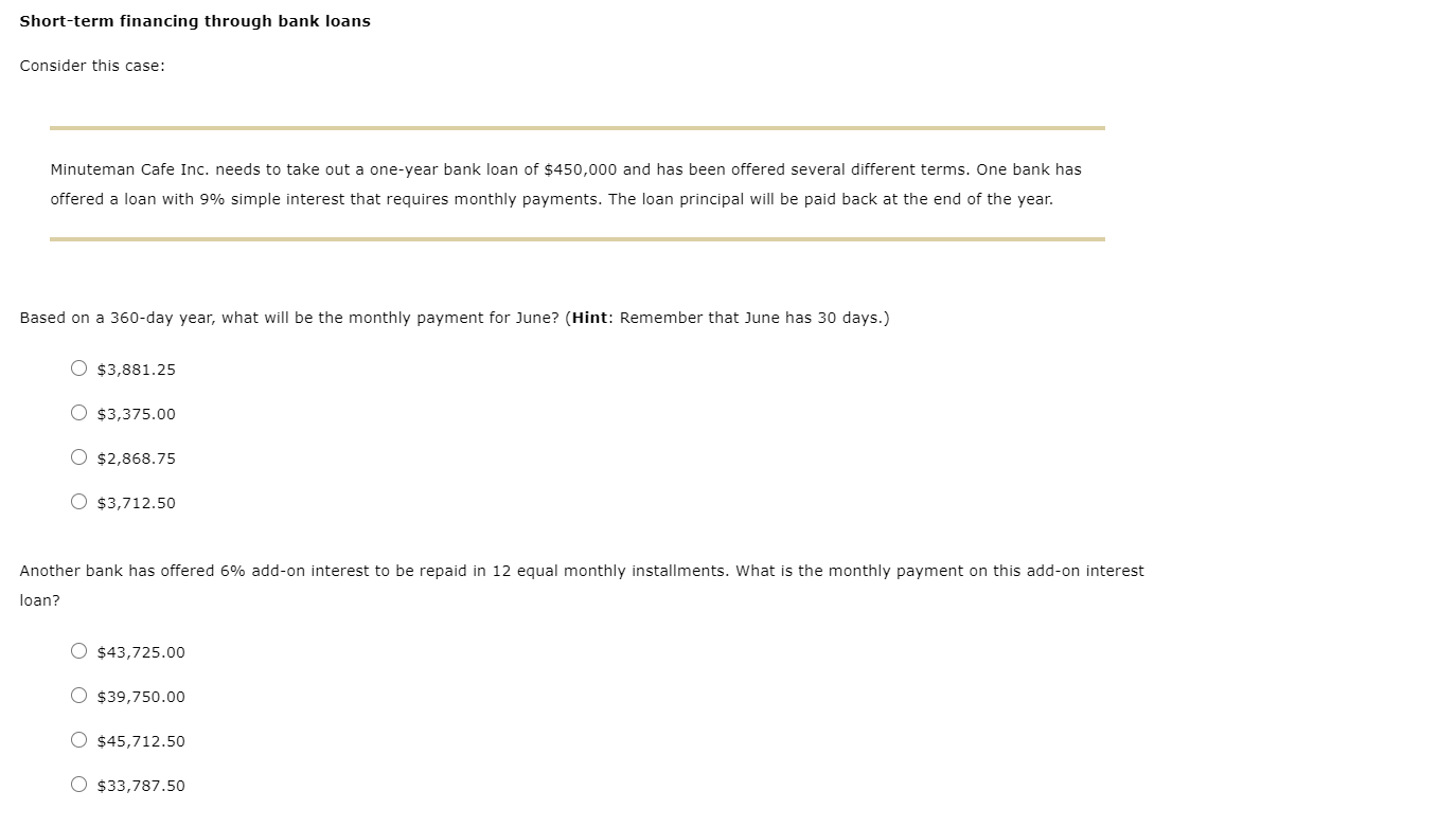 Short-term financing through bank loans Consider this case: Minuteman Cafe Inc.