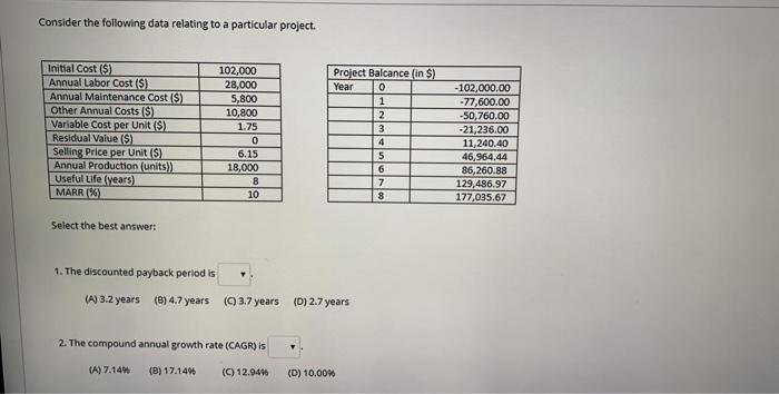  Consider the following data relating to a particular project. Initial Cost