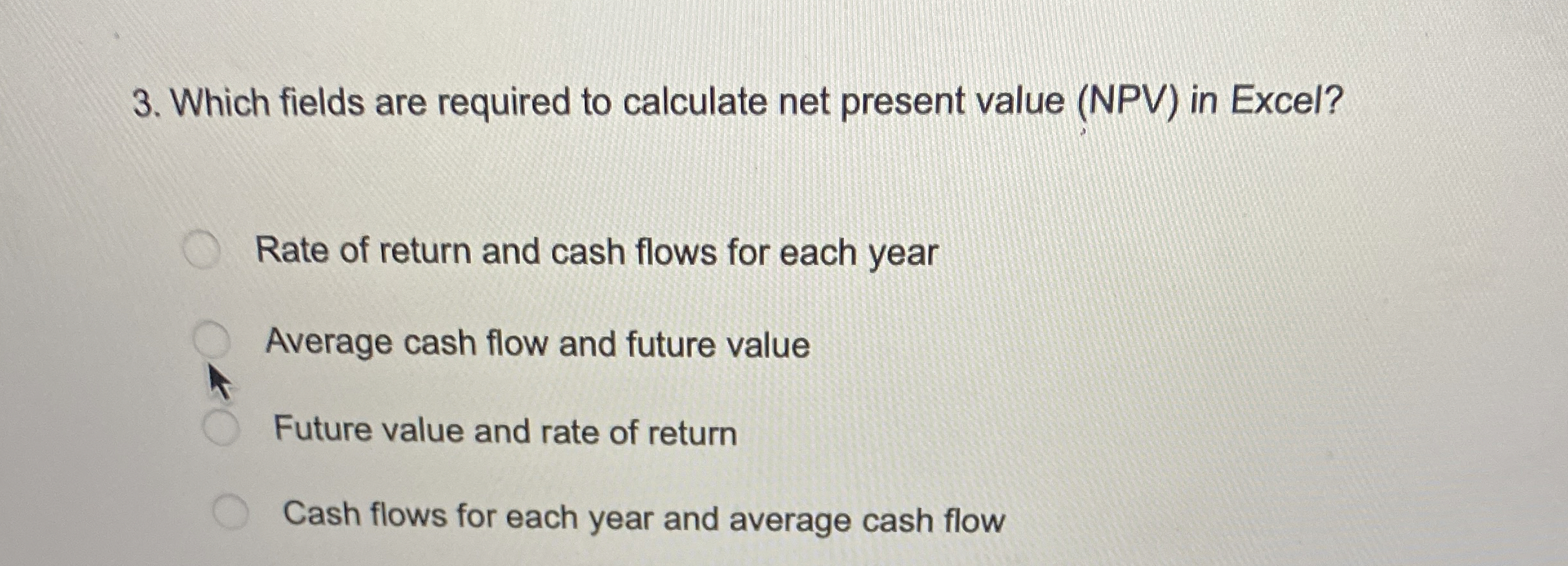  Which fields are required to calculate net present value (NPV) in