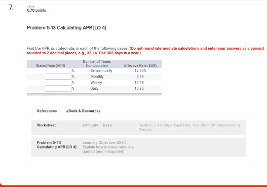  .070 points Problem 5-13 Calculating APR LO 4] Find the APR,