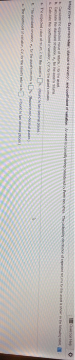  Integrative-Expected return, standard deviation, and coefficient of variation Question Help i