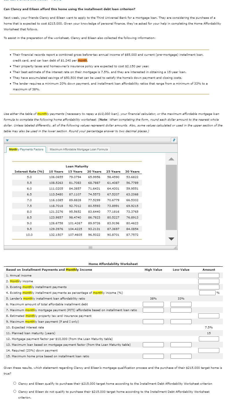 Can Clancy and Eileen afford this home using the installment debt