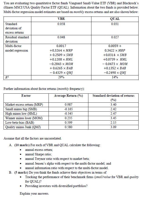  You are evaluating two quantitative factor funds Vanguard Small-Value ETF (VBR)