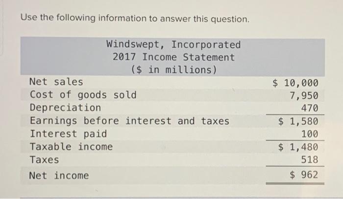  Use the following information to answer this question. What is the