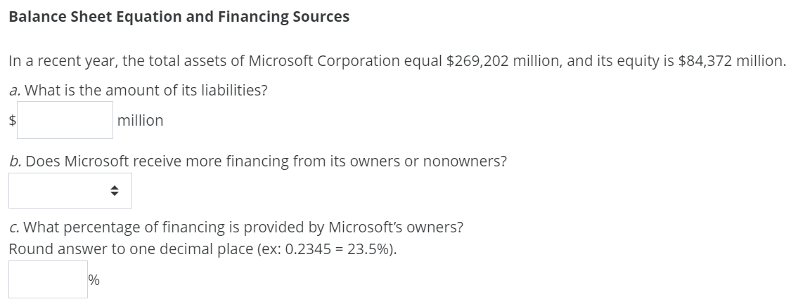  Balance Sheet Equation and Financing Sources In a recent year, the
