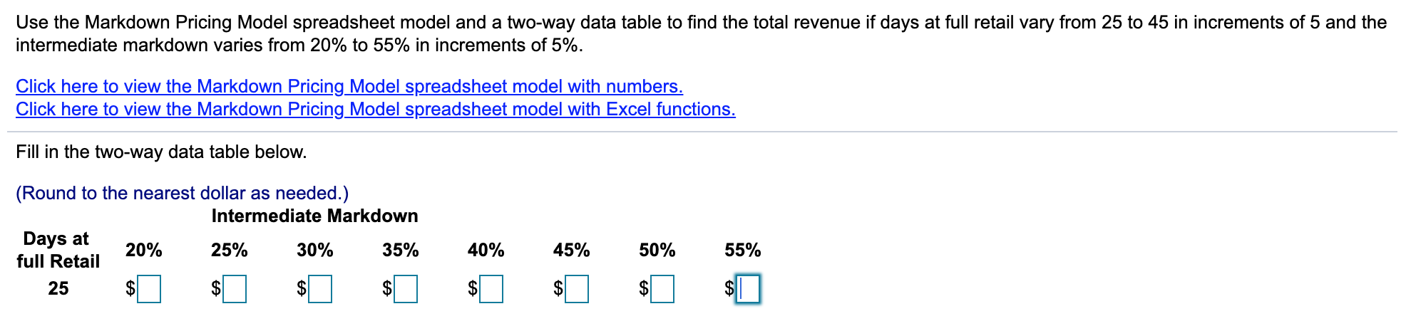 Markdown Pricing Model Data Retail Price $70.00 Inventory 1000 Selling Season