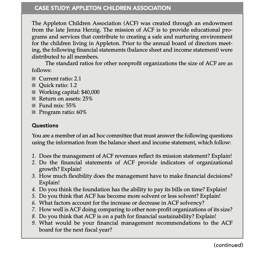 Please help with a financial analysis on the Appleton Children Association (ACF)