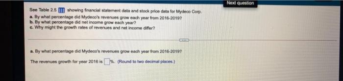  Next question Soe Table 2.5 showing financial statement data and stock