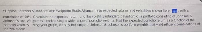  Suppose Johnson & Johnson and Walgreen Boots Alliance have expected returns