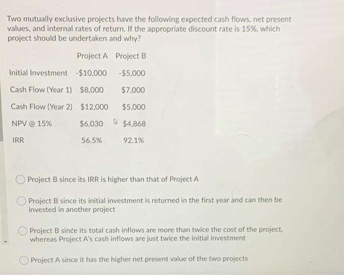  Two mutually exclusive projects have the following expected cash flows, net