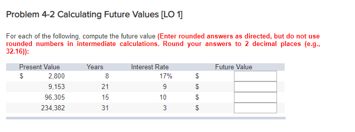 2. Problem 4-2 Calculating Future Values [LO 1 For each of the