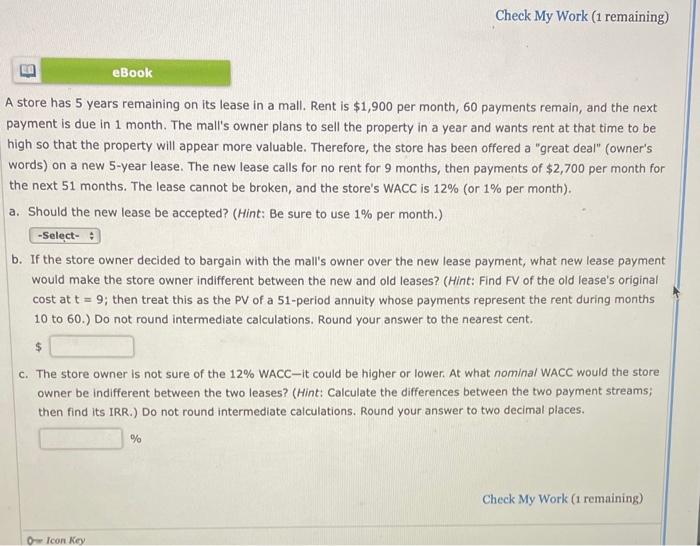  Check My Work (1 remaining) E eBook A store has 5