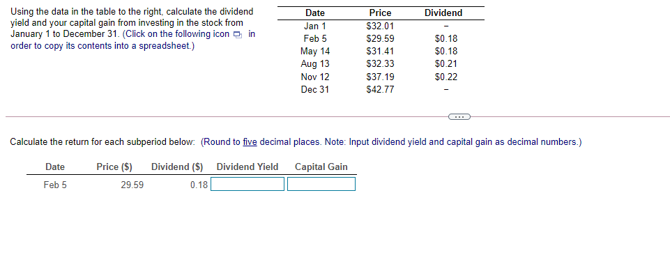 Dividend Using the data in the table to the right, calculate