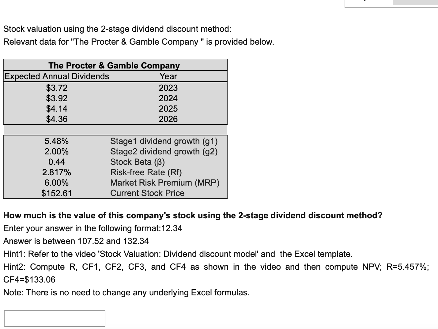 Stock valuation using the 2-stage dividend discount method: Relevant data for