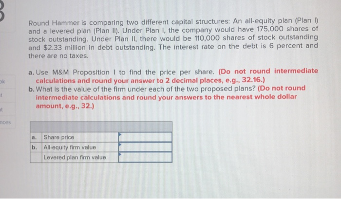  Round Hammer is comparing two different capital structures: An all-equity plan