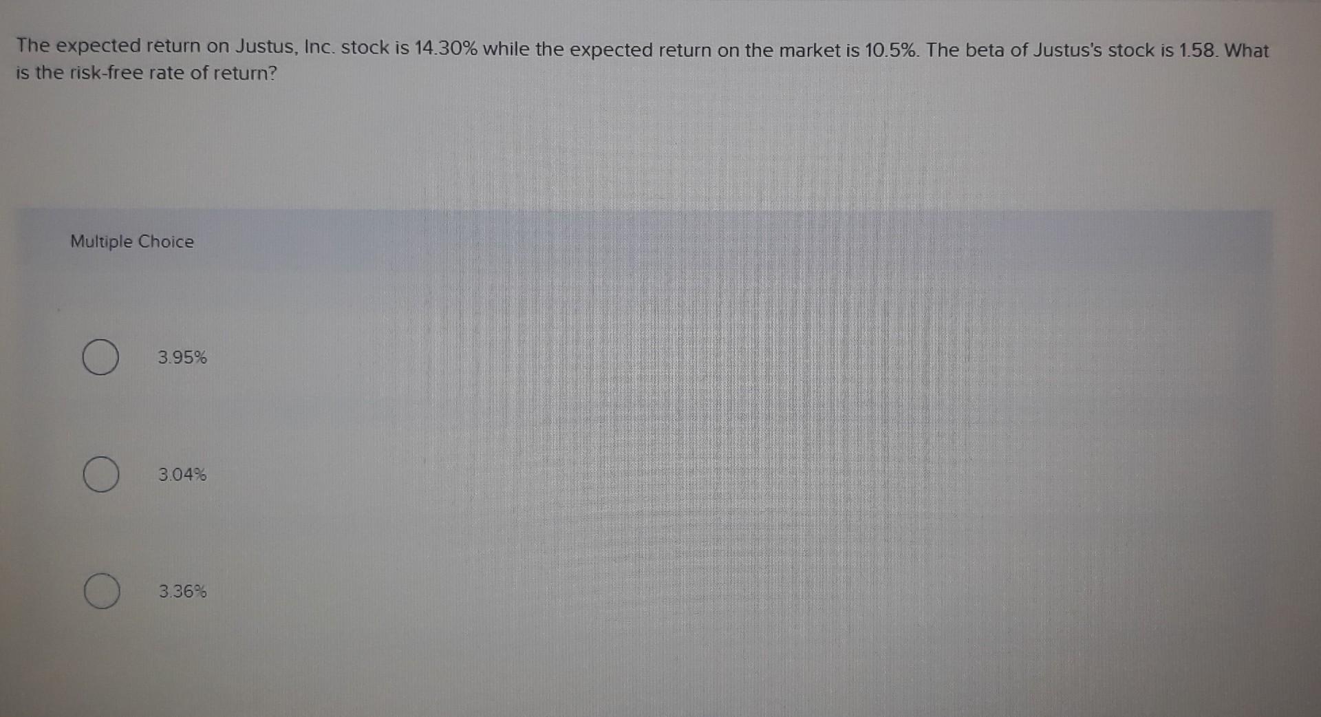 The expected return on Justus, Inc. stock is 14.30% while the