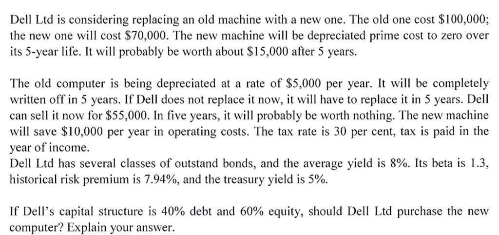  Dell Ltd is considering replacing an old machine with a new