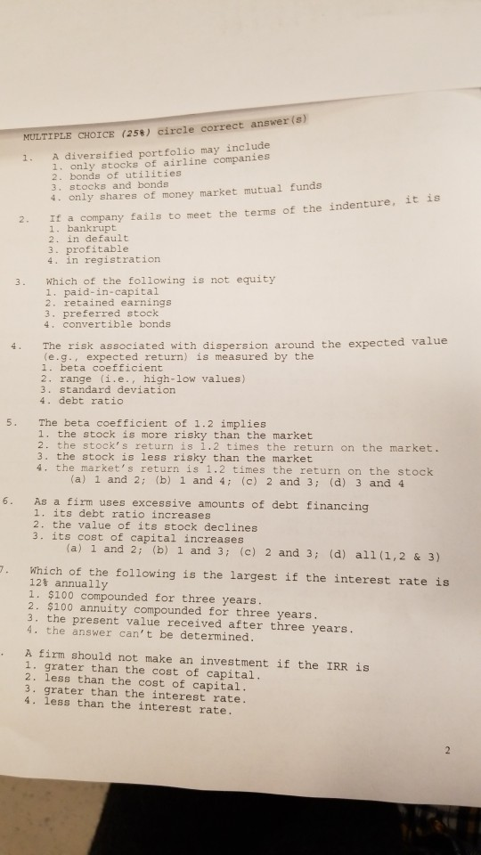 e correct answer (s) MULTIPLE CHOICE (25t) circl A diversified portfolio